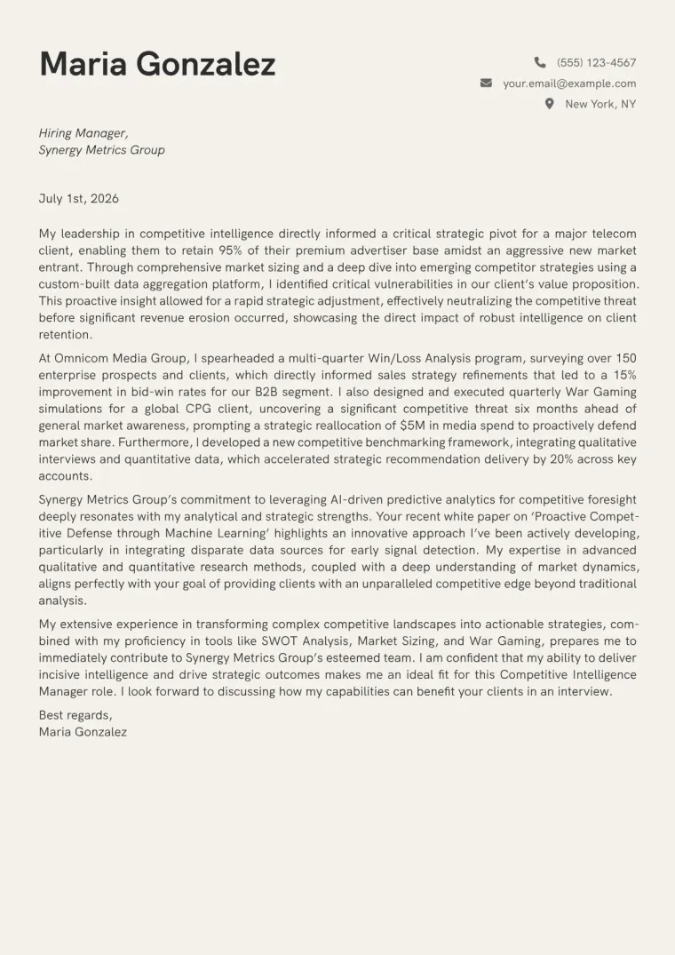 Competitive Intelligence Manager cover letter example preview