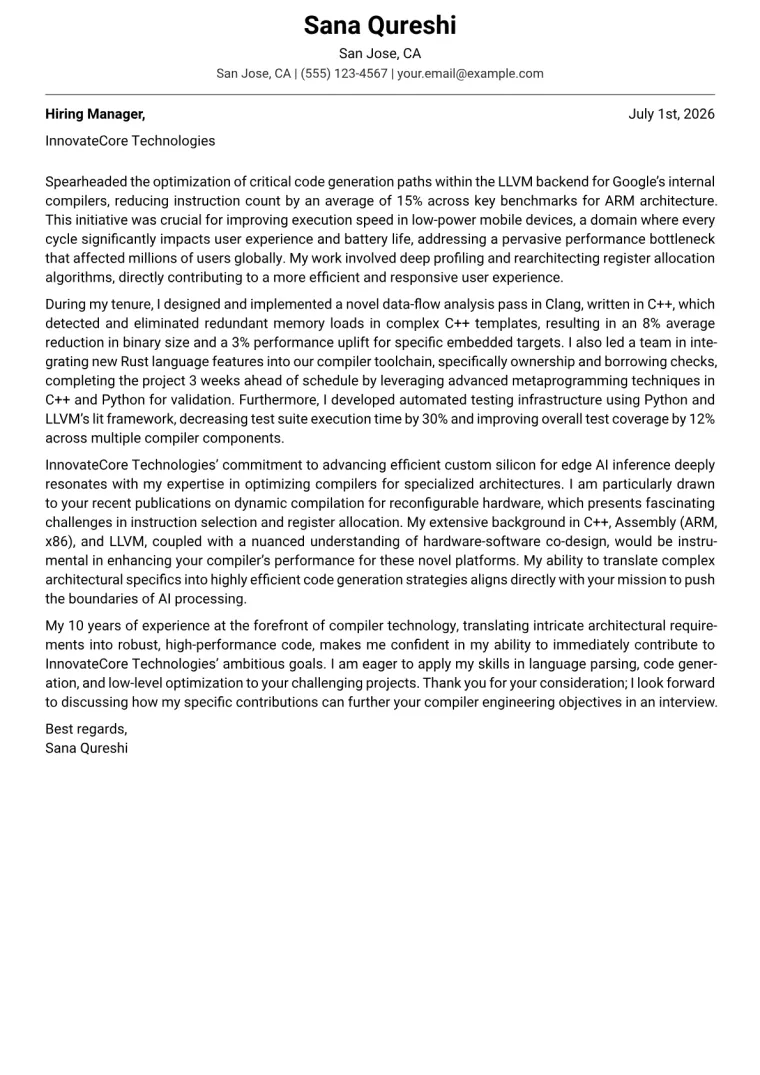 Compiler Engineer cover letter example preview