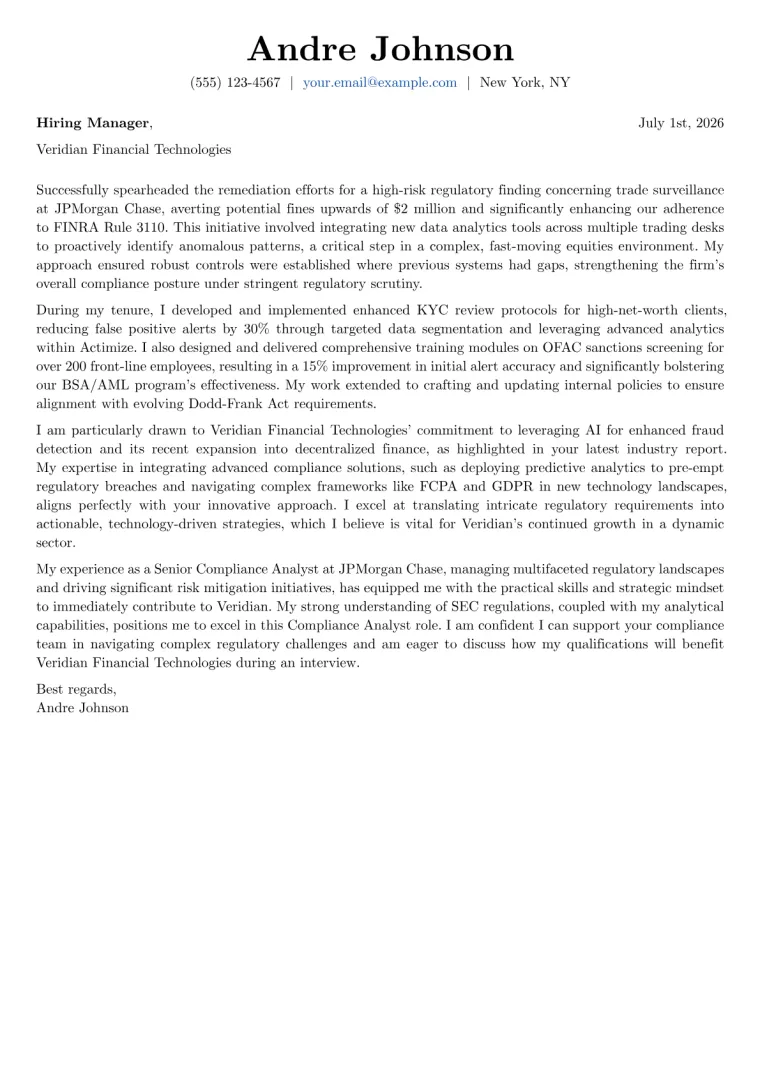 Compliance Analyst Cover Letter Example
