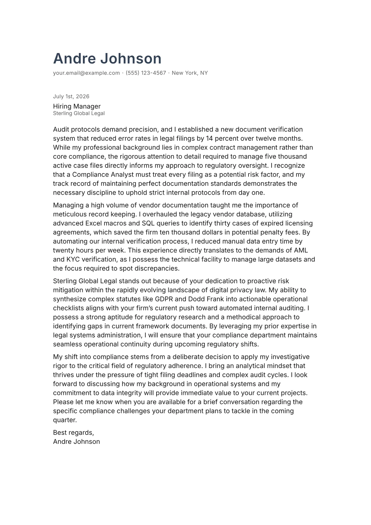 Compliance Analyst cover letter in the Minimal design
