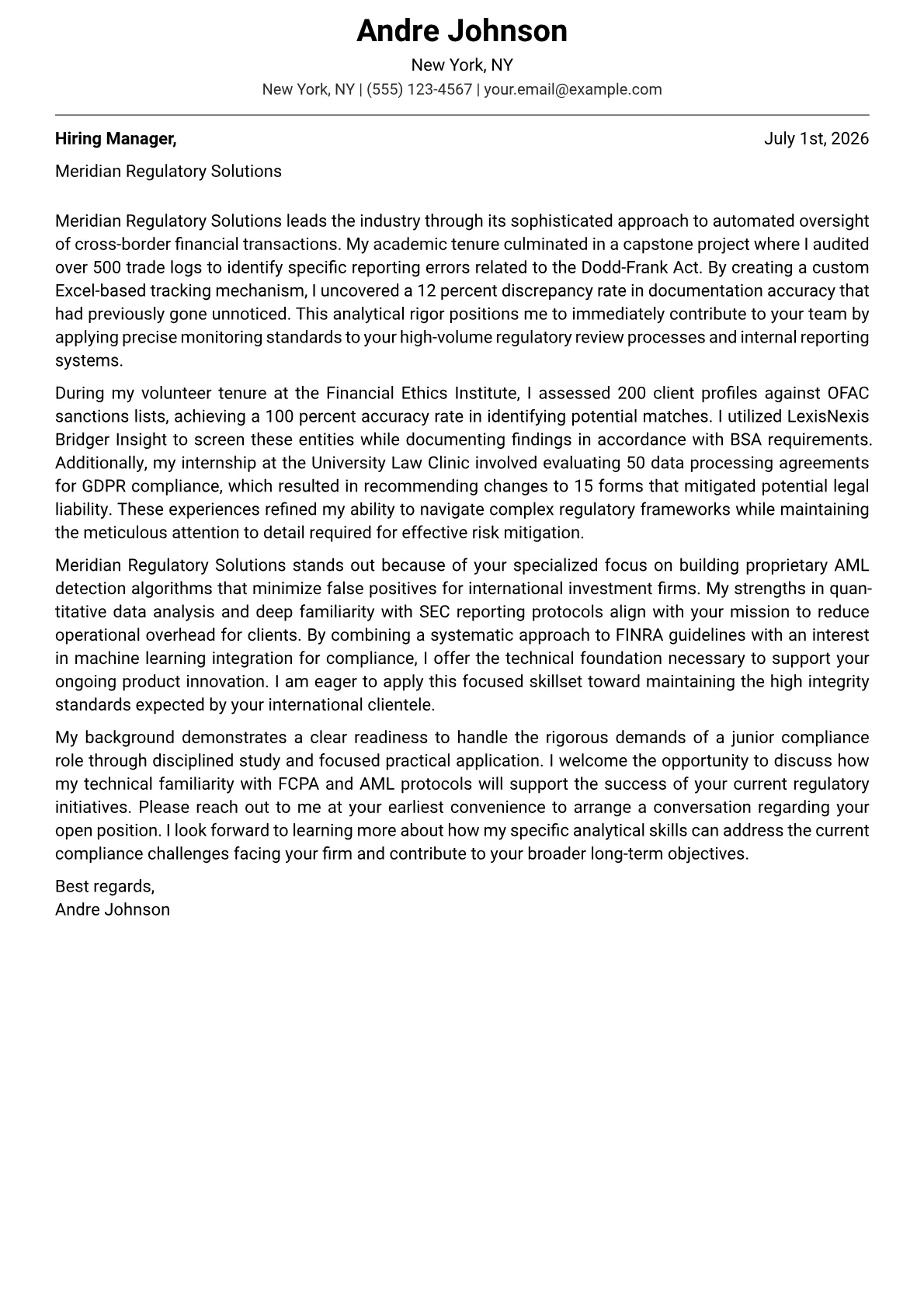 Compliance Analyst cover letter in the Modern design