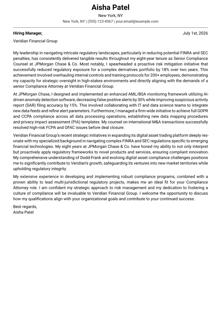Compliance Attorney Cover Letter Example