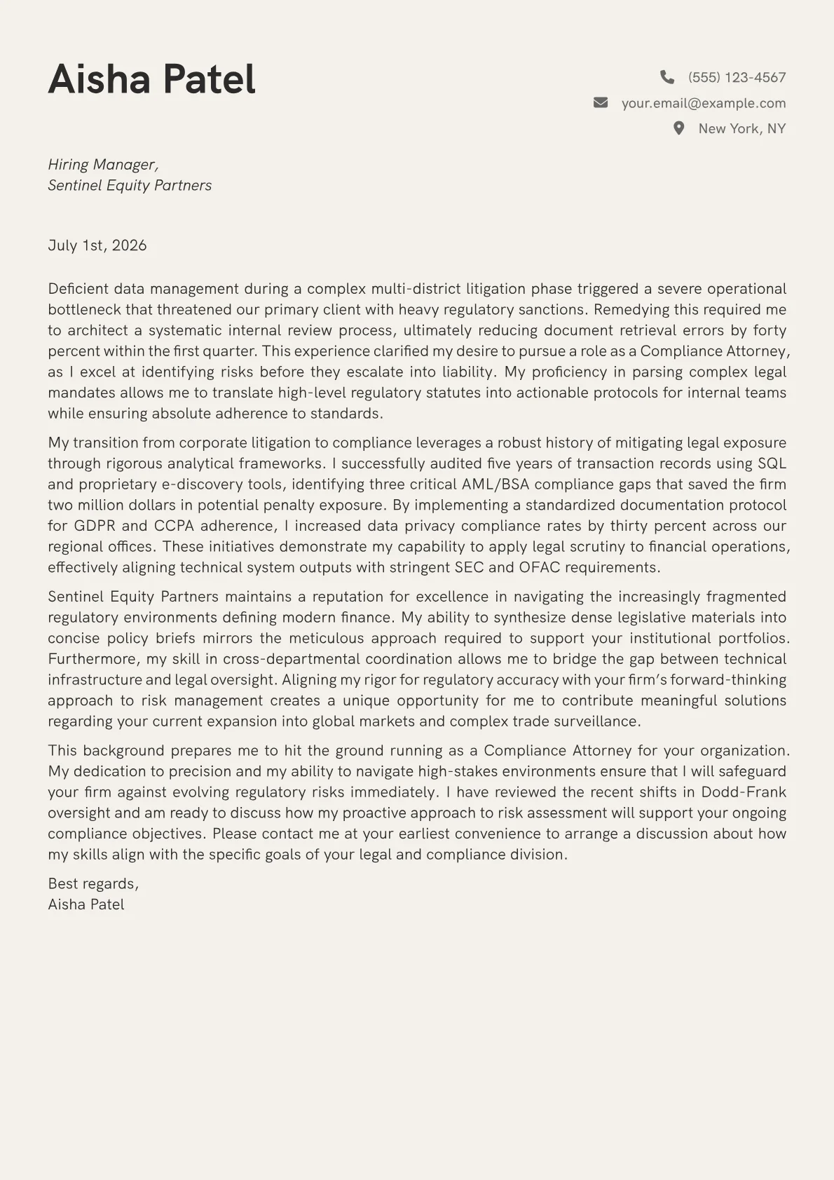 Compliance Attorney cover letter in the Creative design