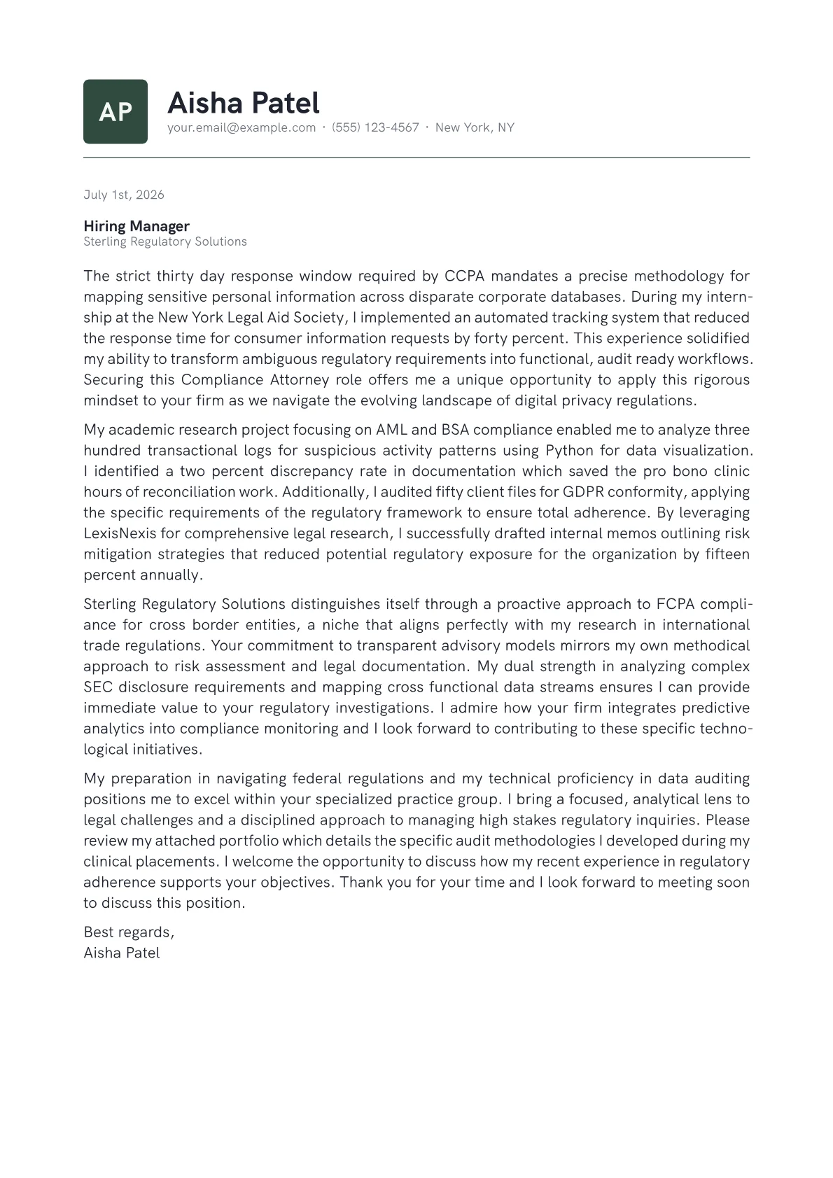 Compliance Attorney cover letter in the Emblem design