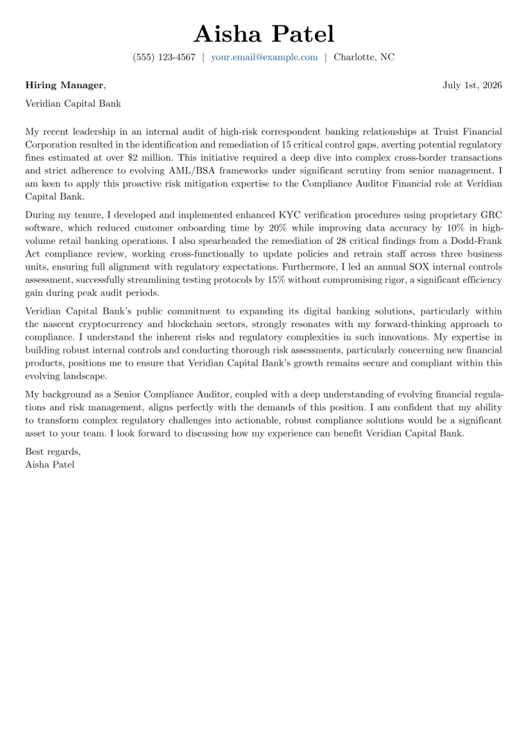 Compliance Auditor Financial cover letter example preview