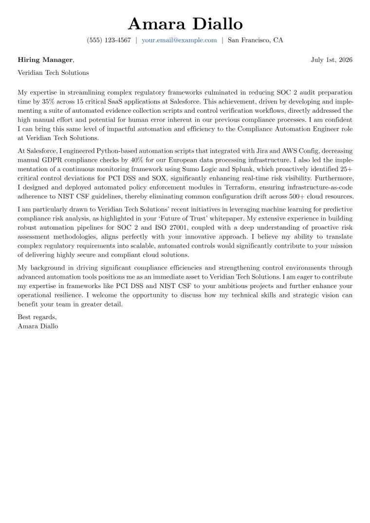 Compliance Automation Engineer cover letter example preview