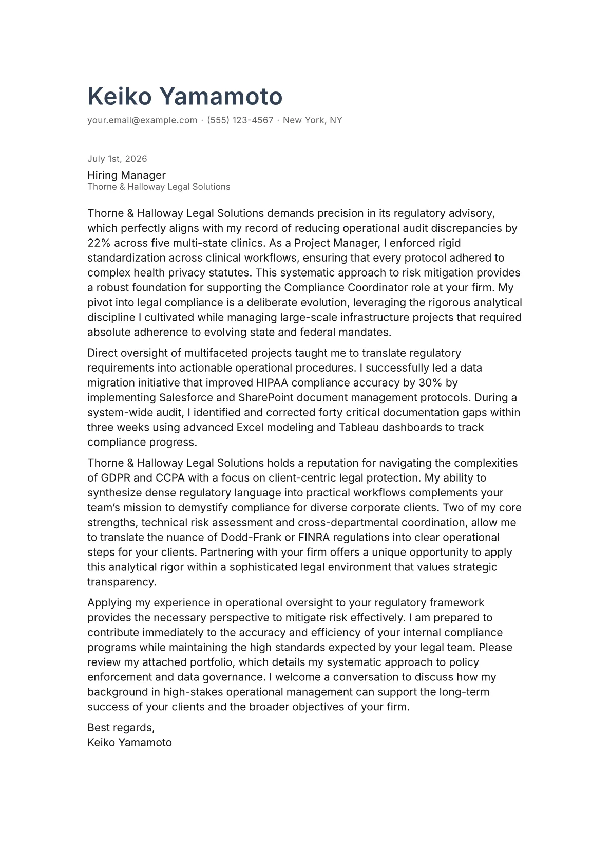 Compliance Coordinator cover letter in the Minimal design