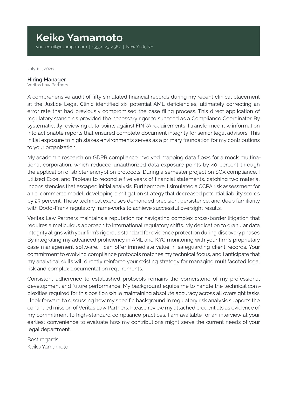 Compliance Coordinator cover letter in the Banner design