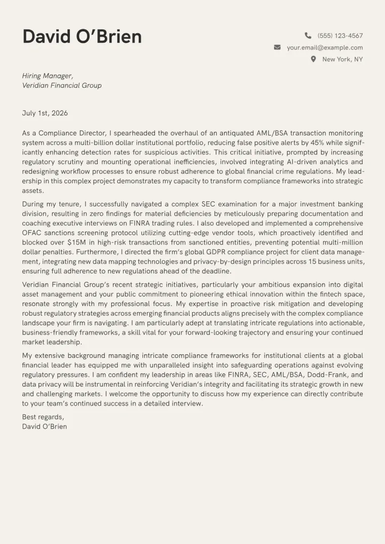 Compliance Director cover letter example preview
