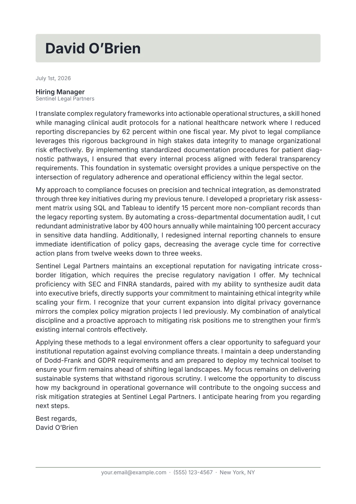 Compliance Director cover letter in the Letterhead design