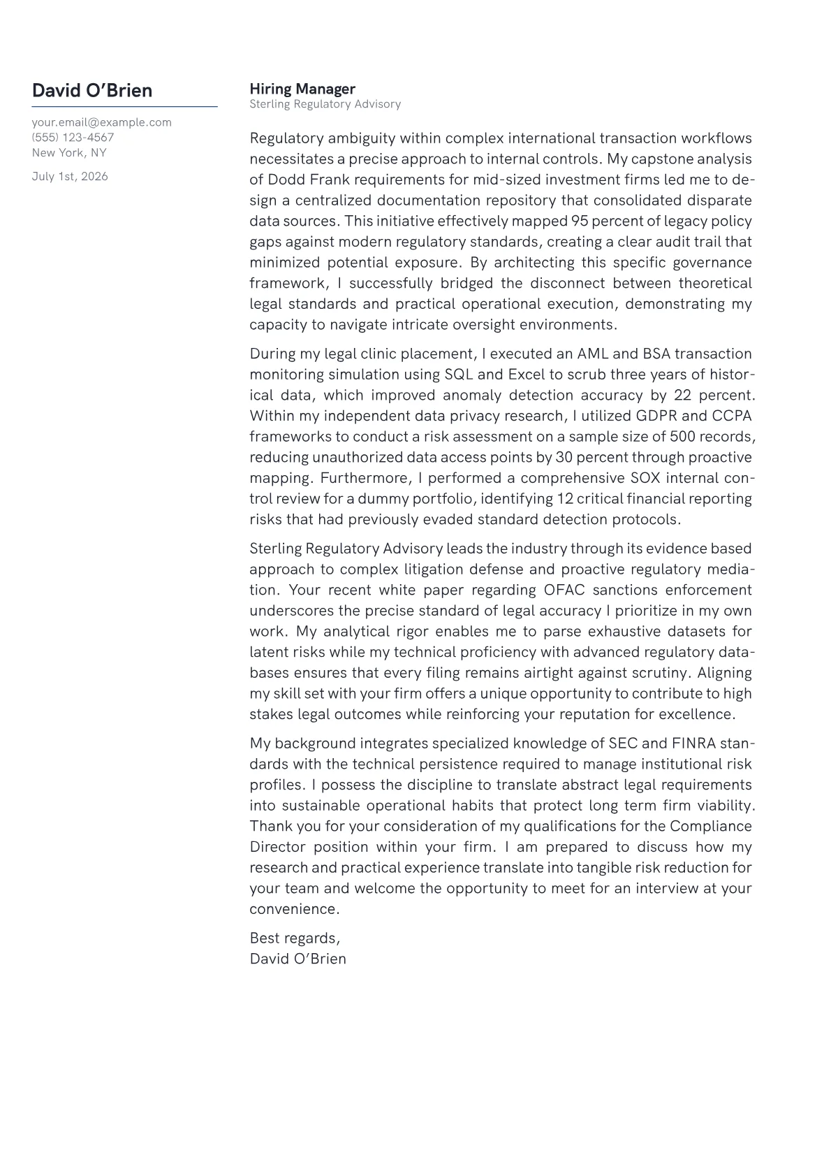 Compliance Director cover letter in the Margin design