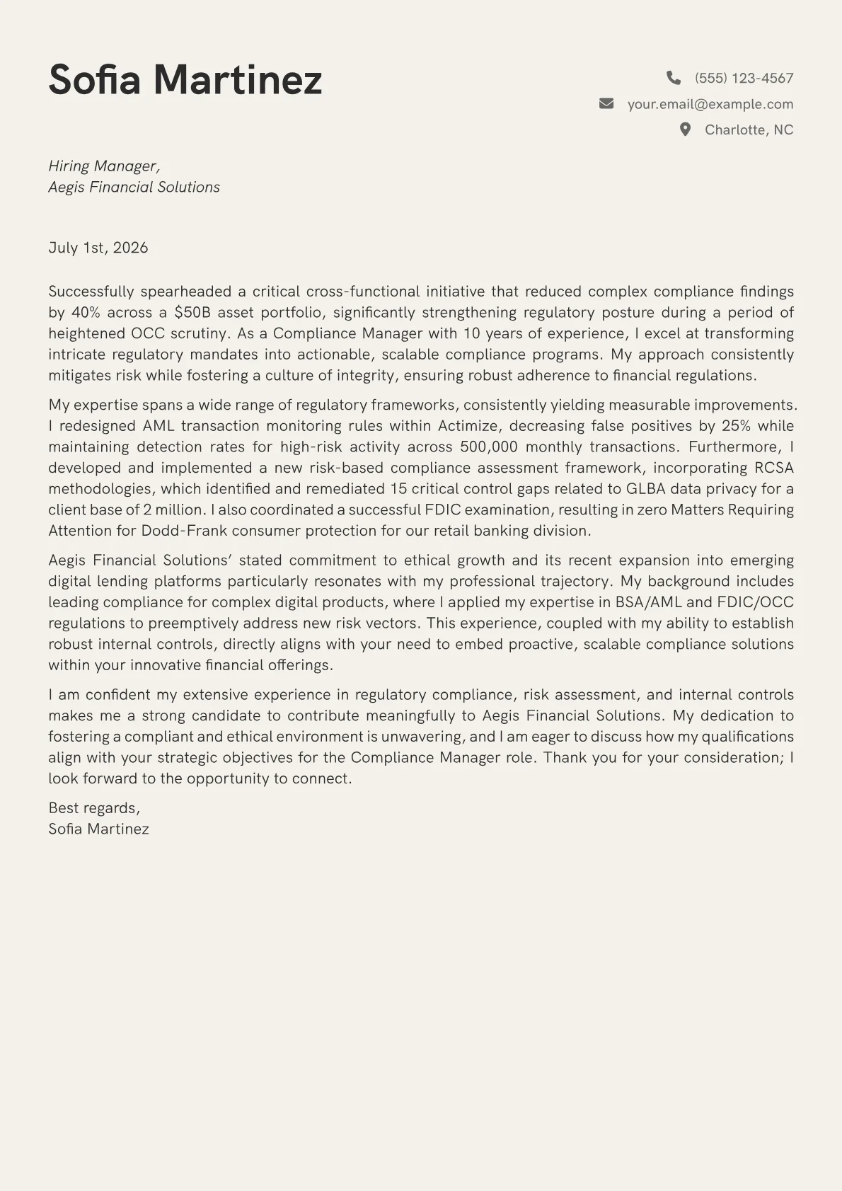 Compliance Manager cover letter formatted with a JobSprout template