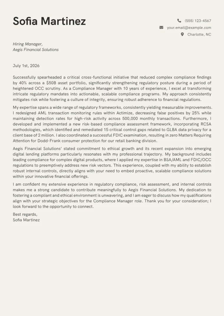 Compliance Manager cover letter example preview