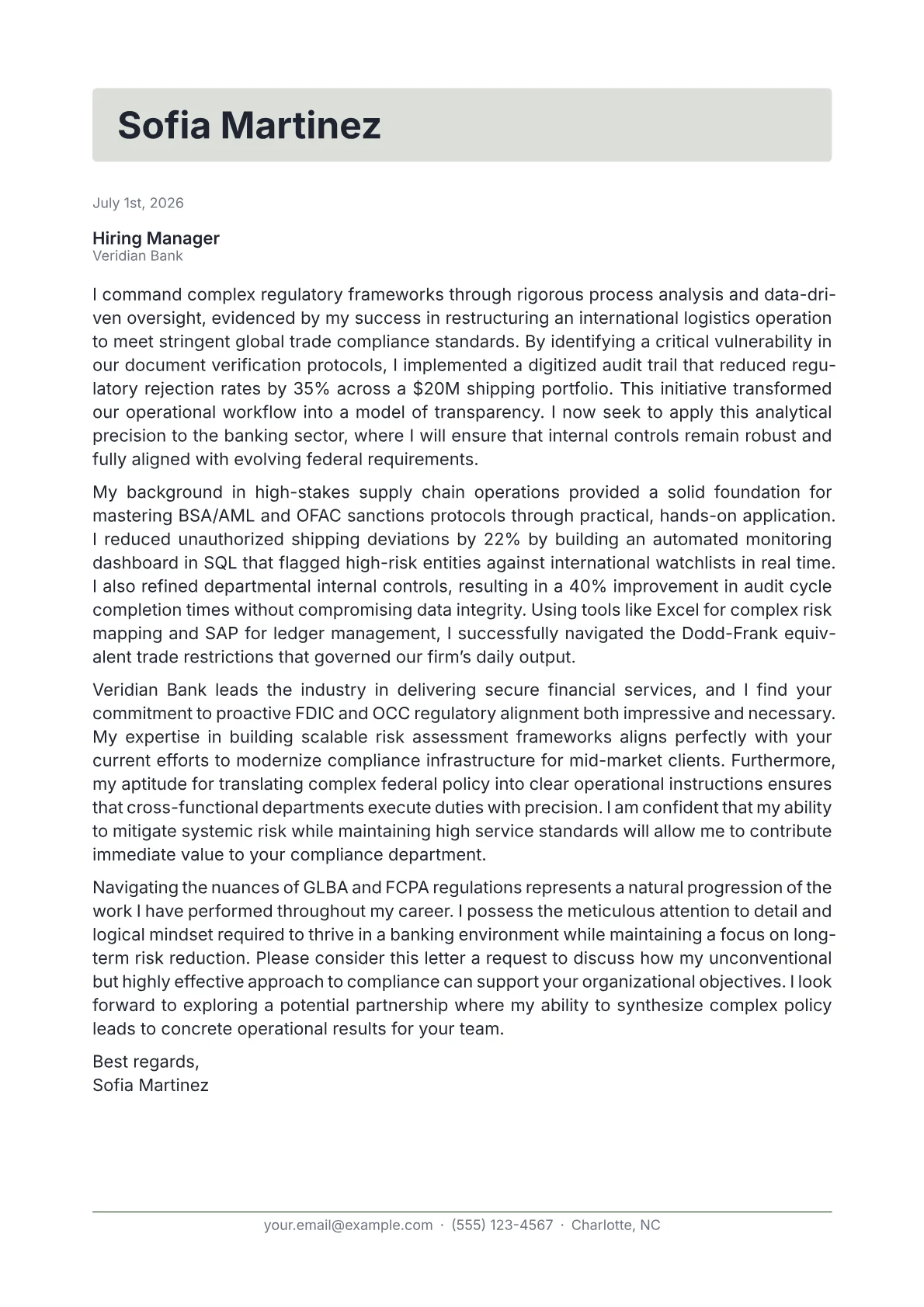 Compliance Manager cover letter in the Letterhead design