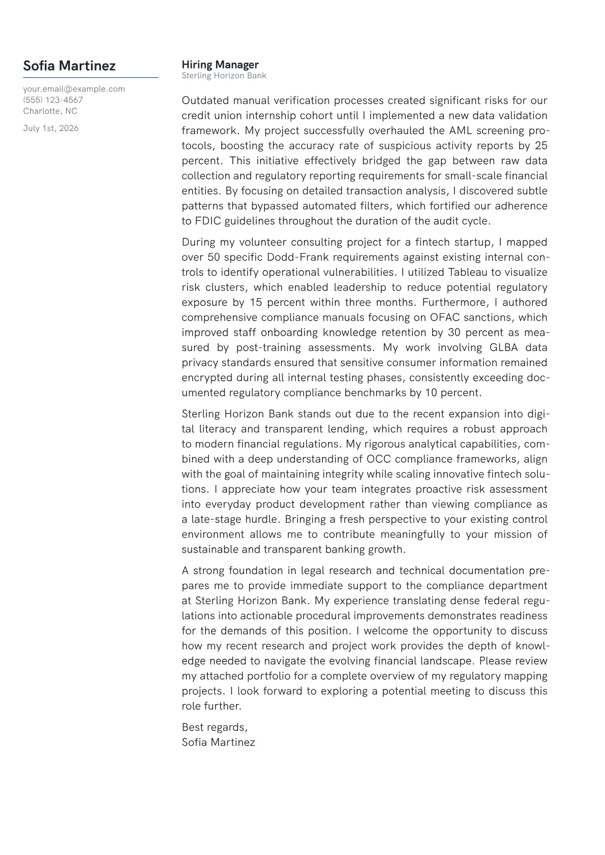 Compliance Manager cover letter in the Margin design