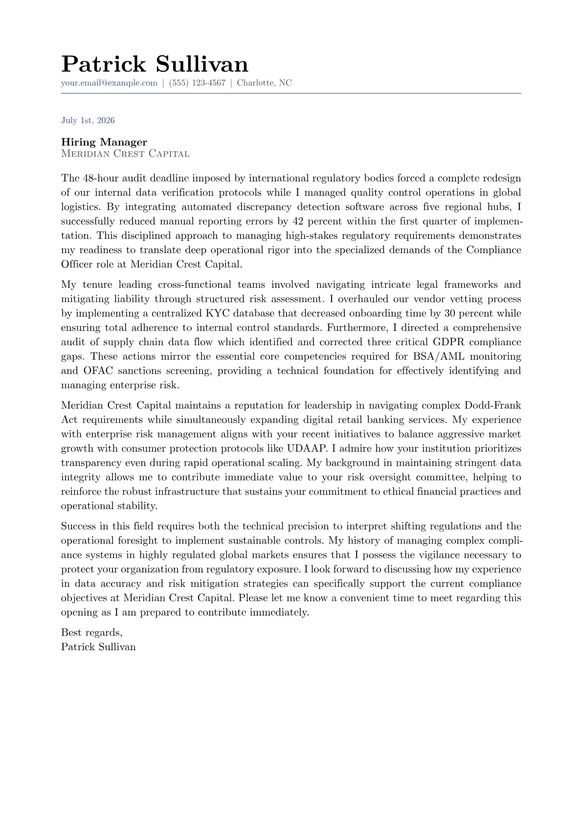 Compliance Officer cover letter in the Classic design