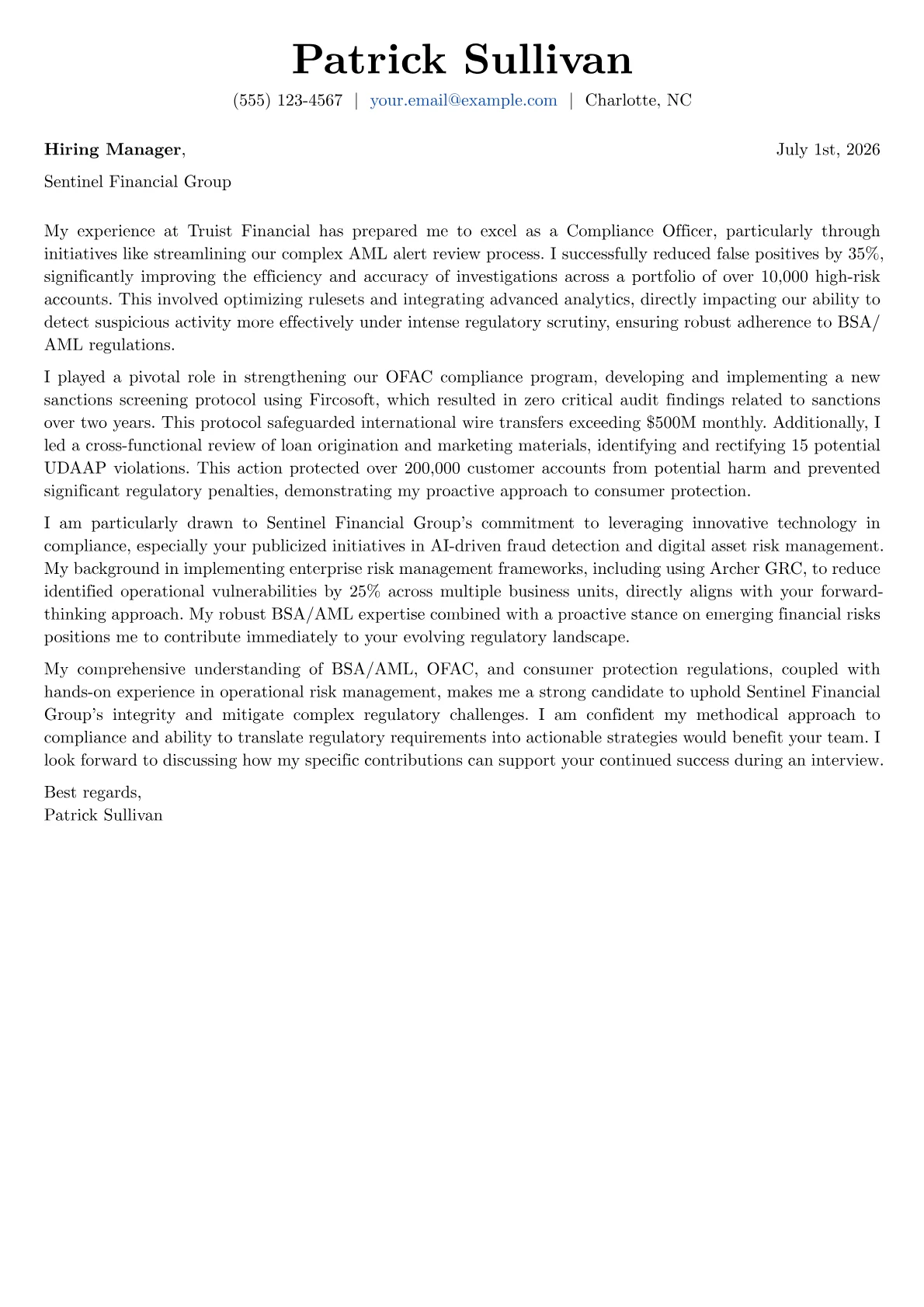 Compliance Officer cover letter formatted with a JobSprout template