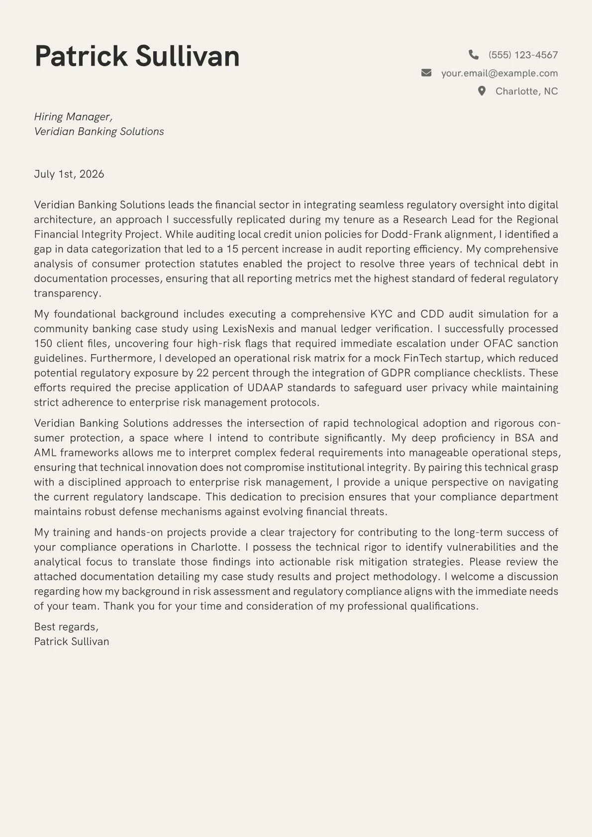 Compliance Officer cover letter in the Creative design