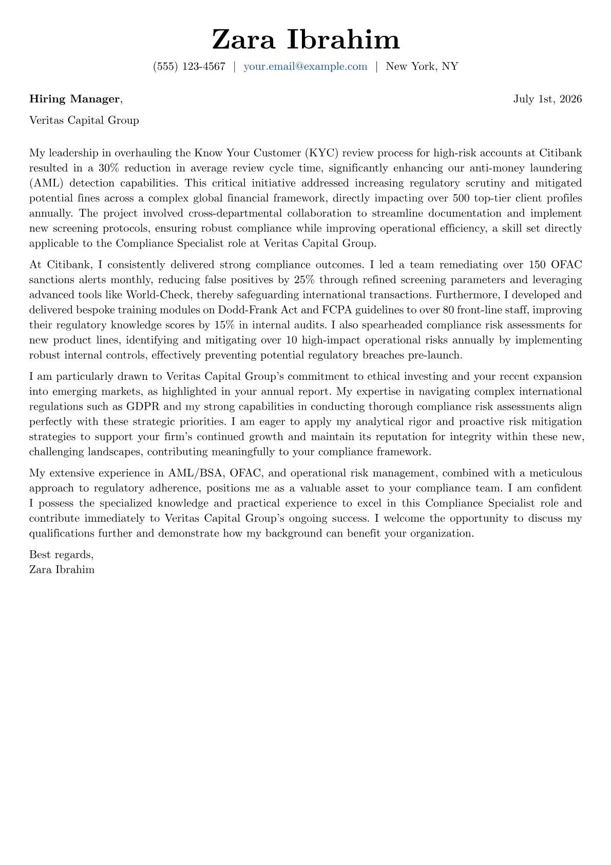Compliance Specialist cover letter formatted with a JobSprout template