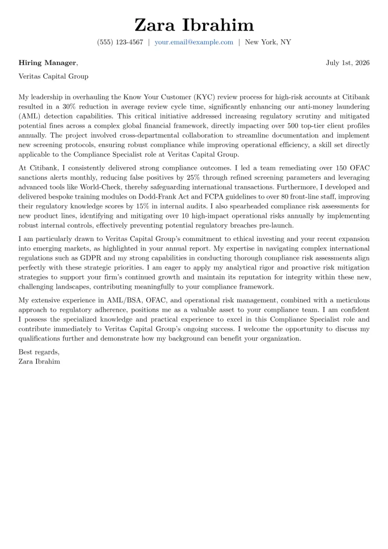 Compliance Specialist Cover Letter Example