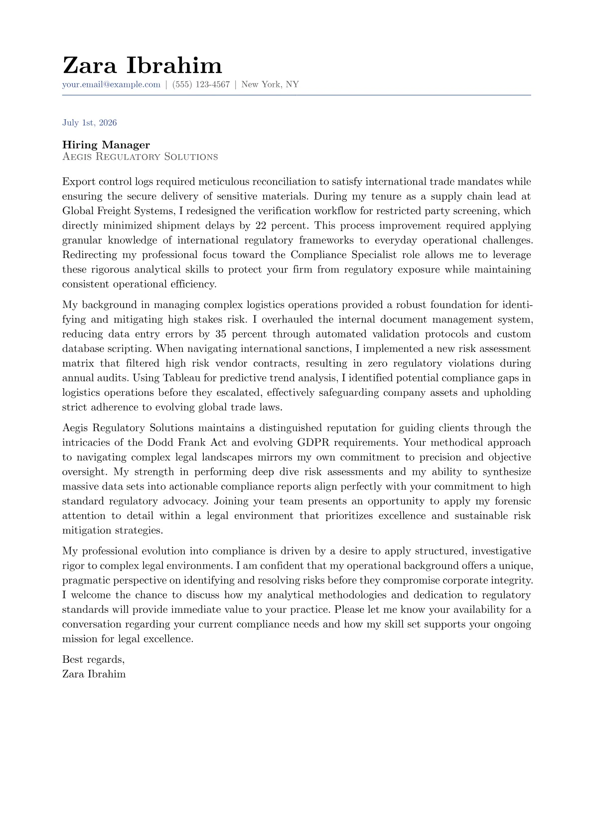 Compliance Specialist cover letter in the Classic design