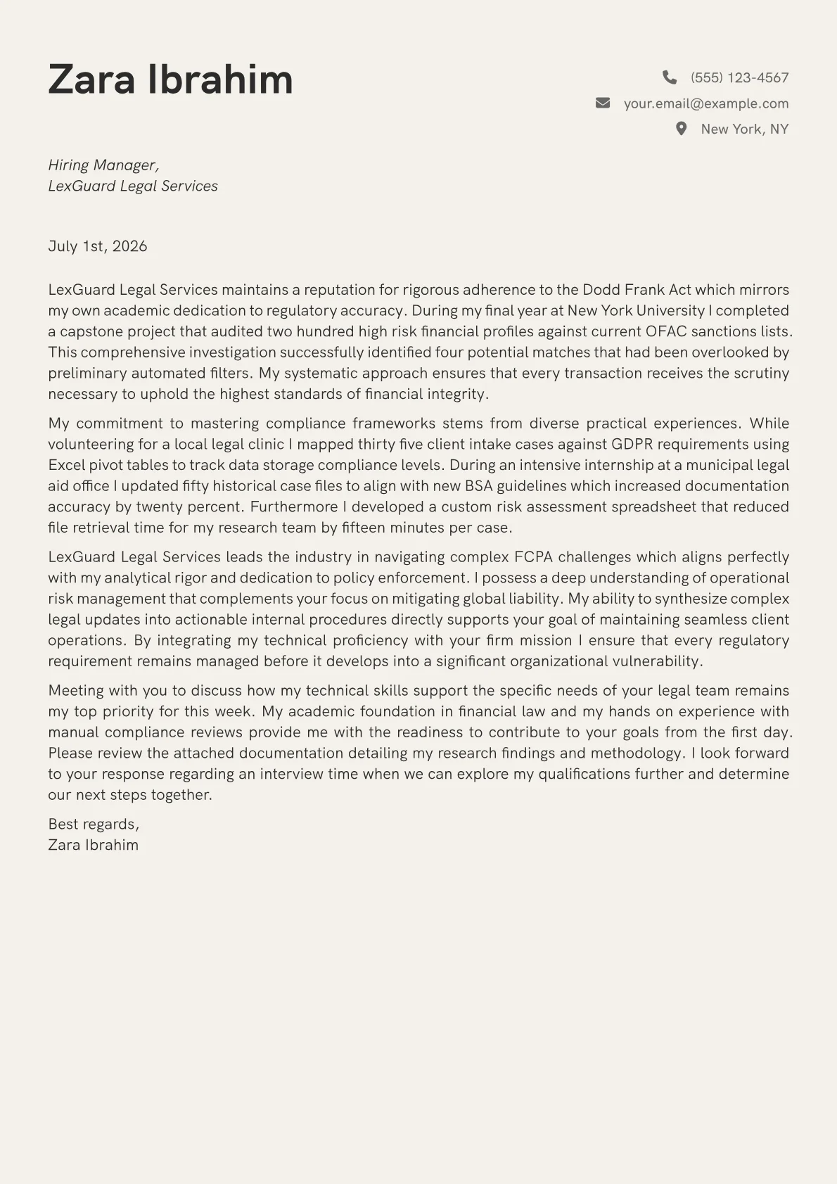 Compliance Specialist cover letter in the Creative design