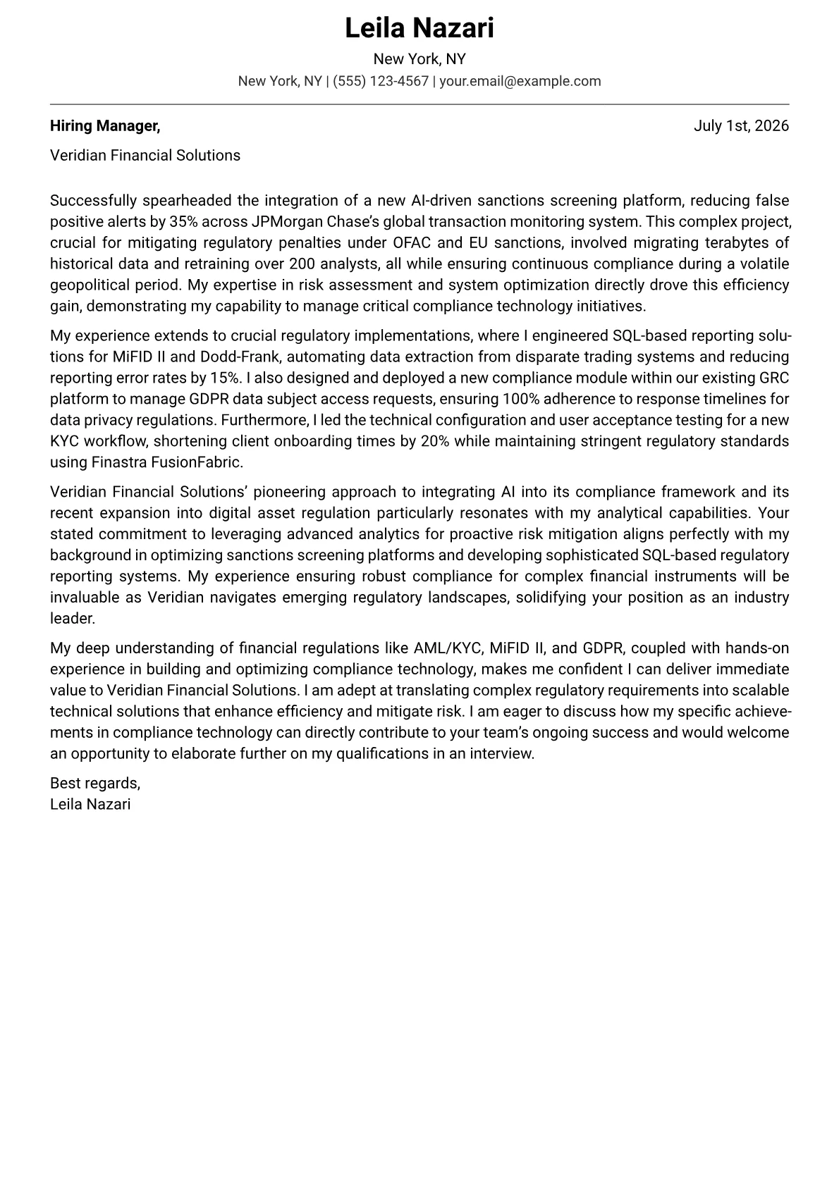 Compliance Technology Analyst cover letter formatted with a JobSprout template
