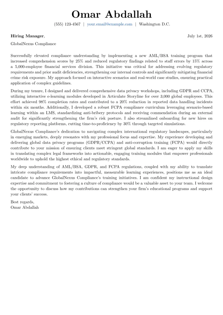 Compliance Trainer cover letter example