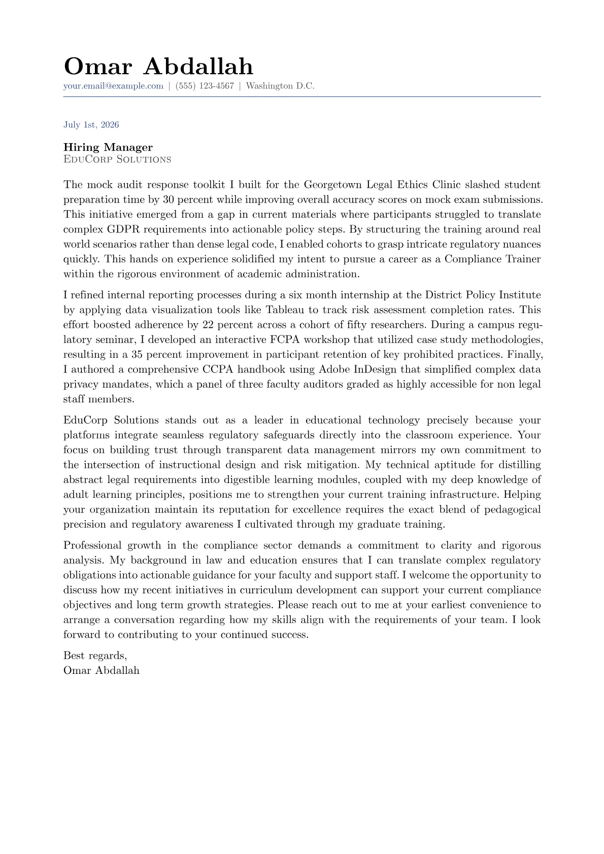 Compliance Trainer cover letter in the Classic design