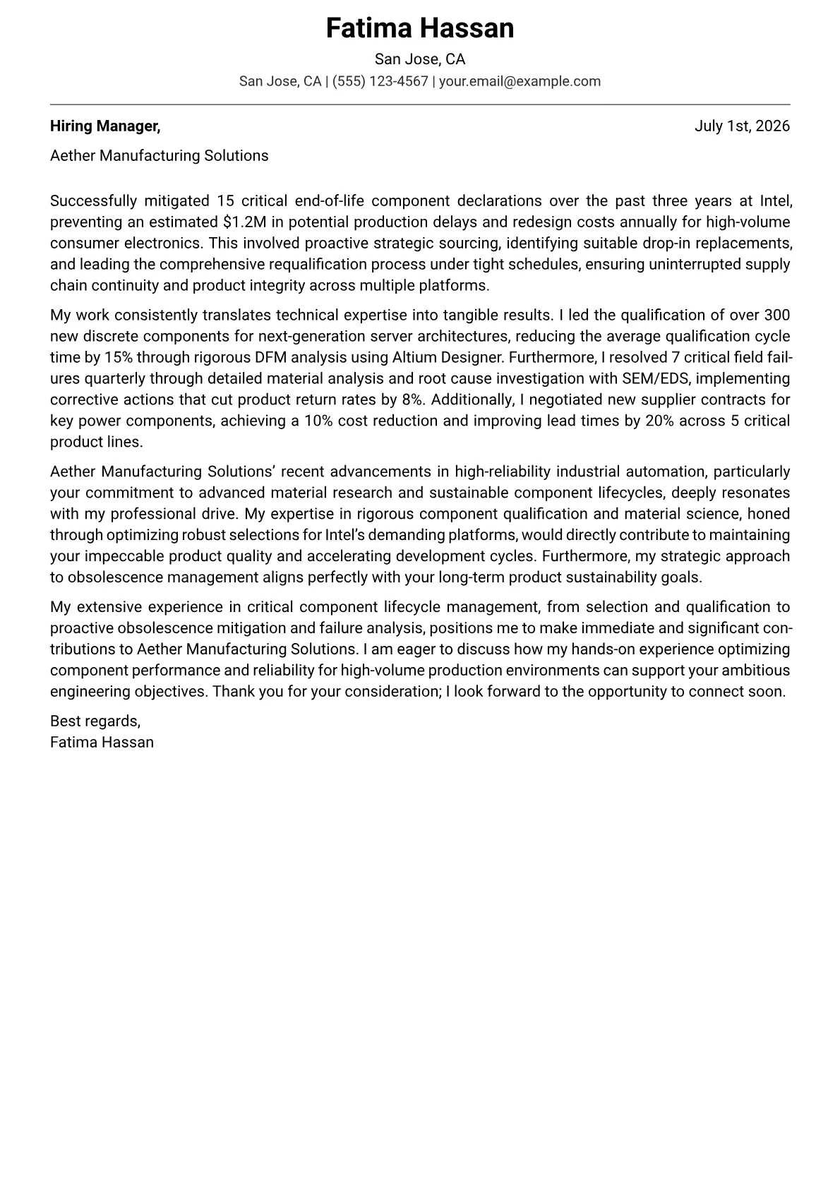 Component Engineer cover letter formatted with a JobSprout template