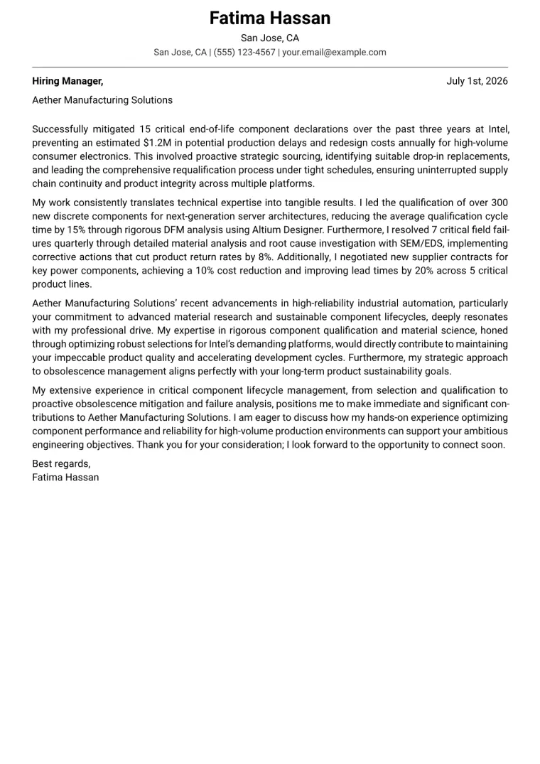 Component Engineer cover letter example preview