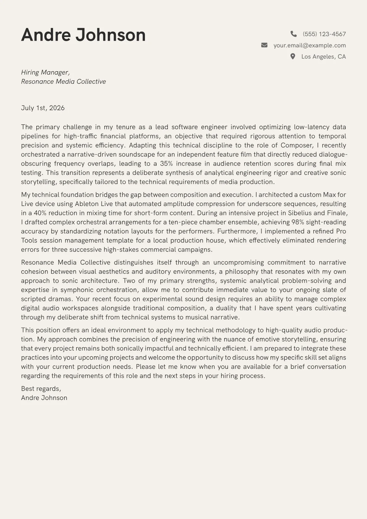 Composer cover letter in the Creative design