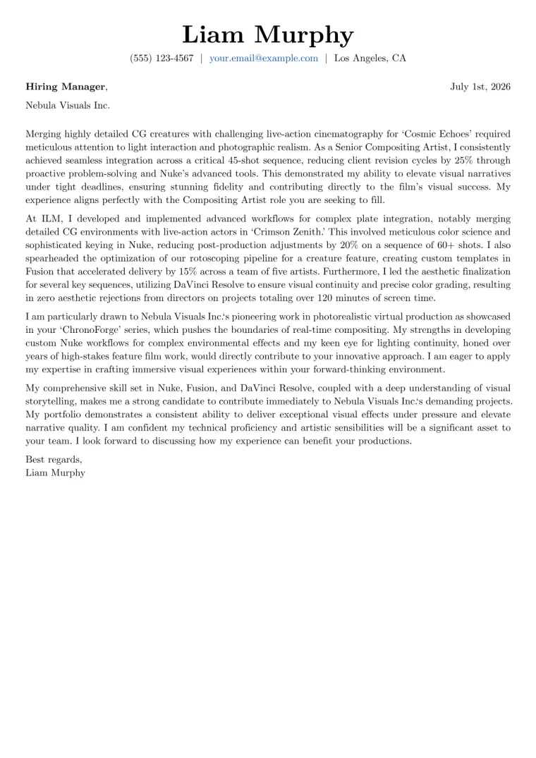 Compositing Artist cover letter example
