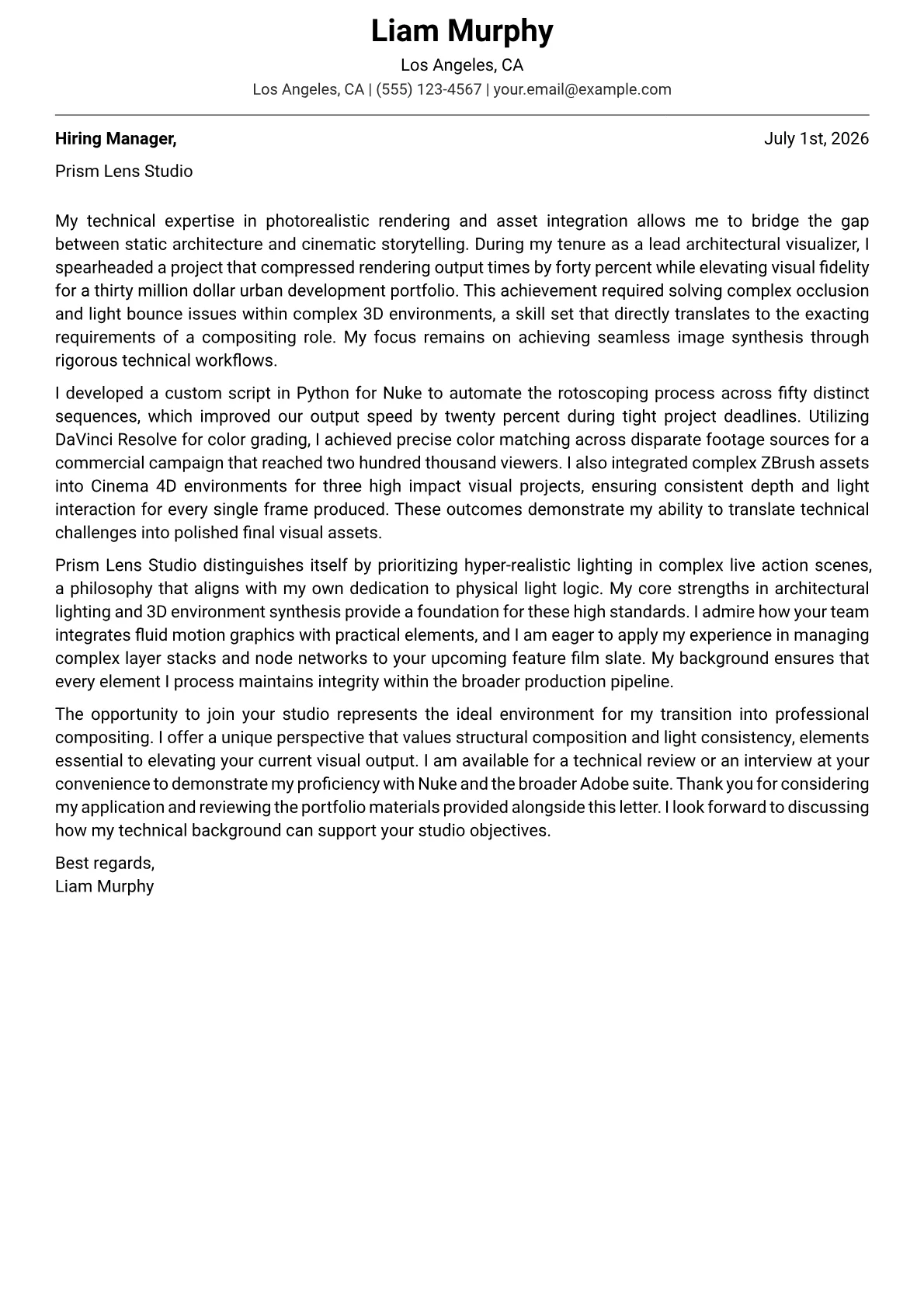 Compositing Artist cover letter in the Modern design