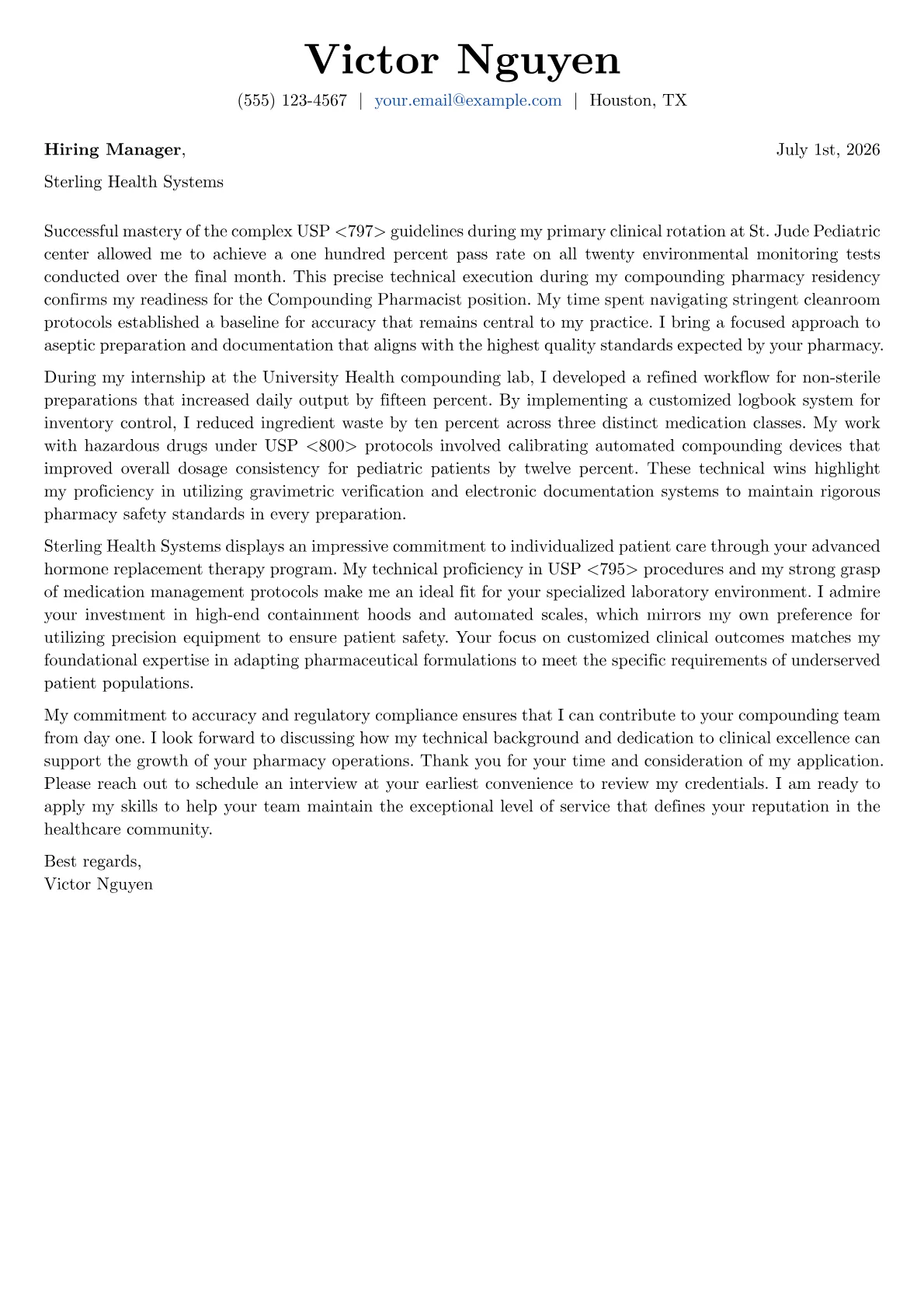 Compounding Pharmacist cover letter in the Basic design