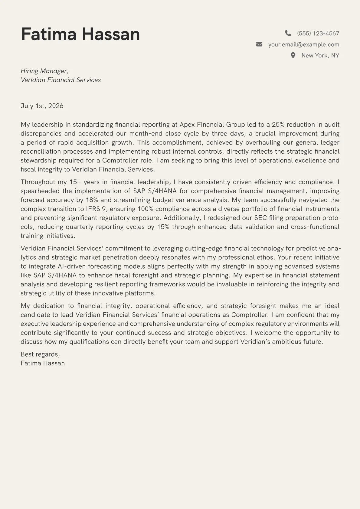 Comptroller cover letter formatted with a JobSprout template