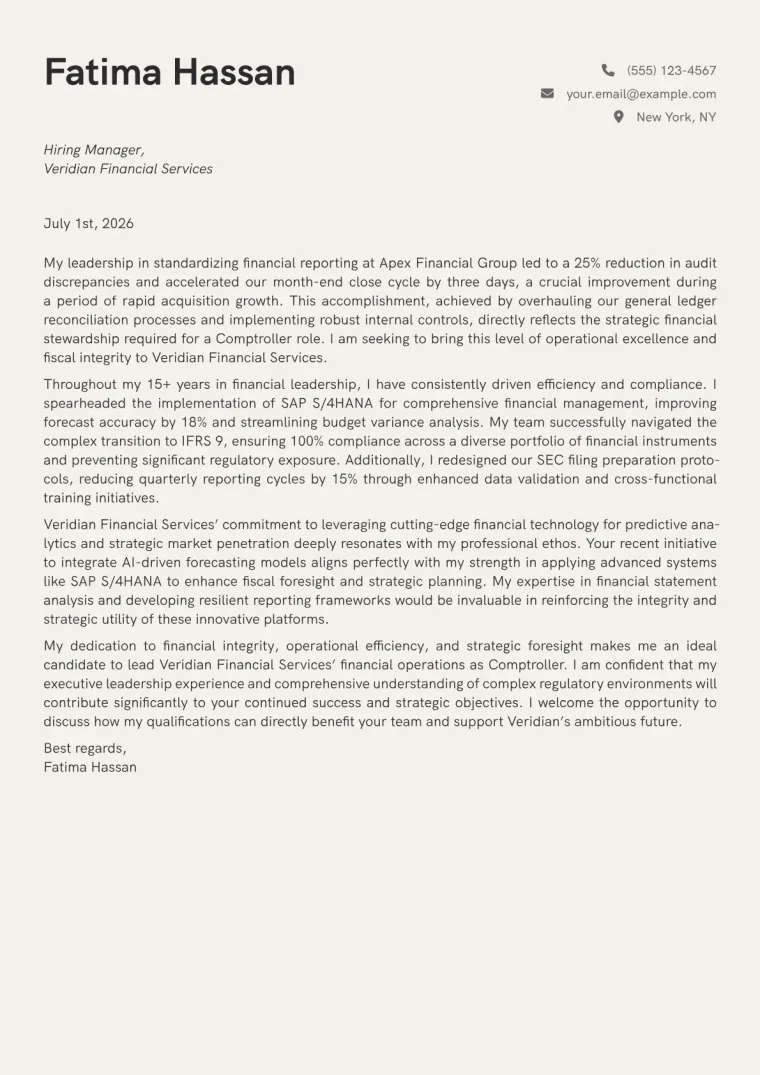 Comptroller cover letter example preview