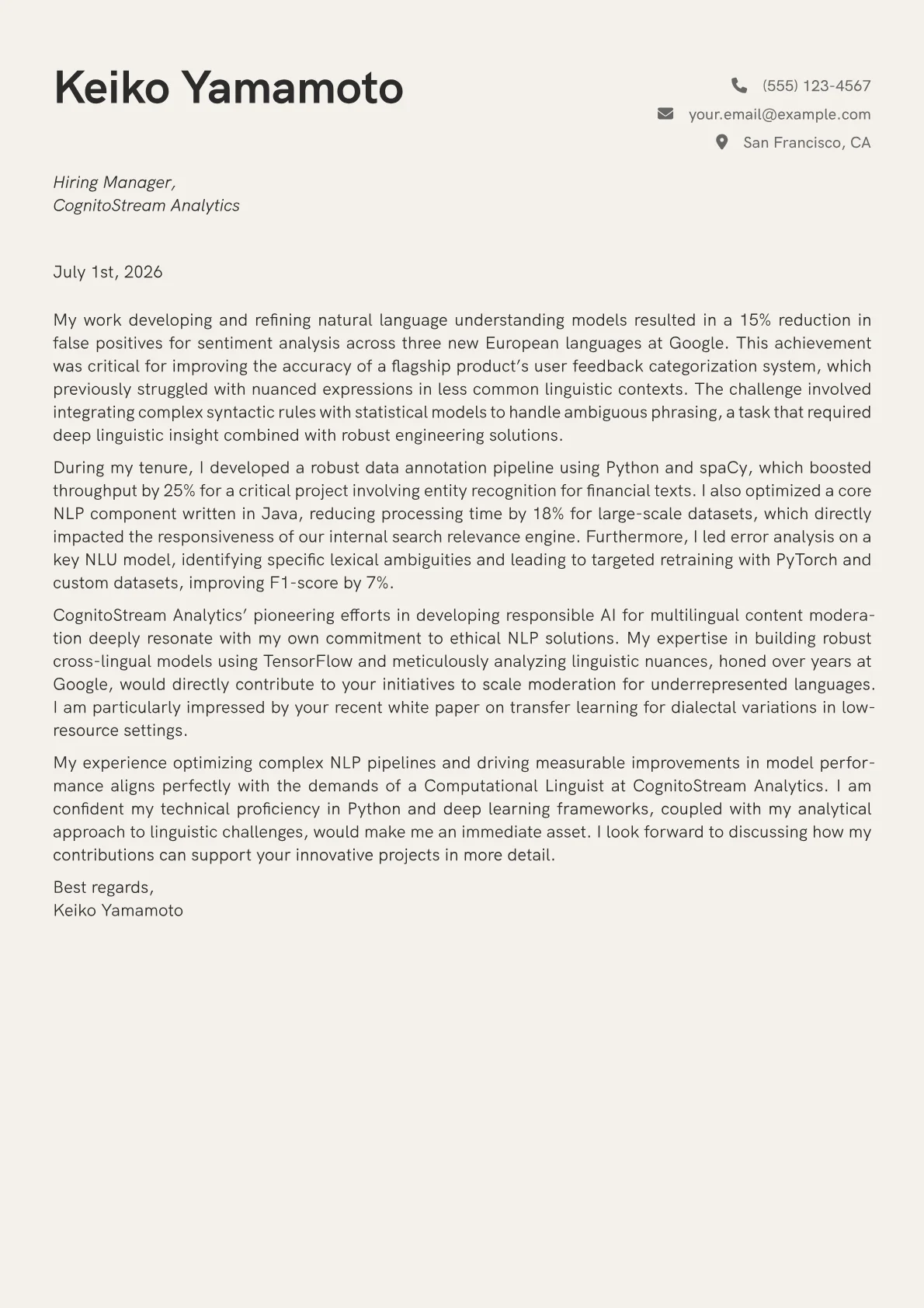 Computational Linguist cover letter formatted with a JobSprout template