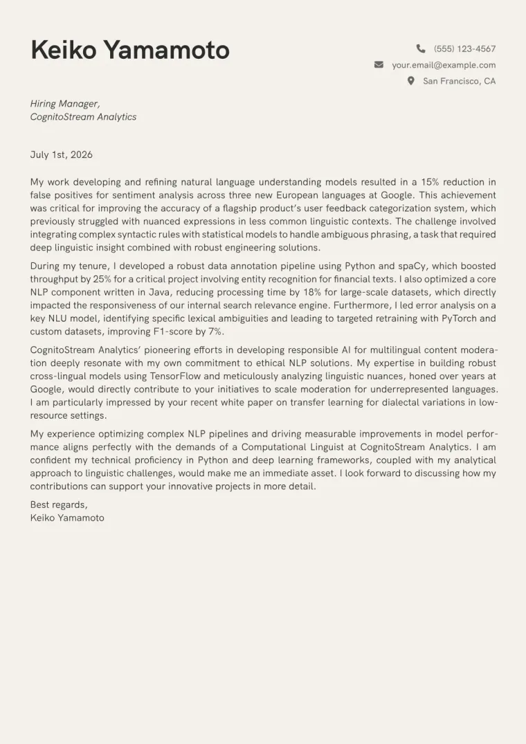 Computational Linguist cover letter example preview