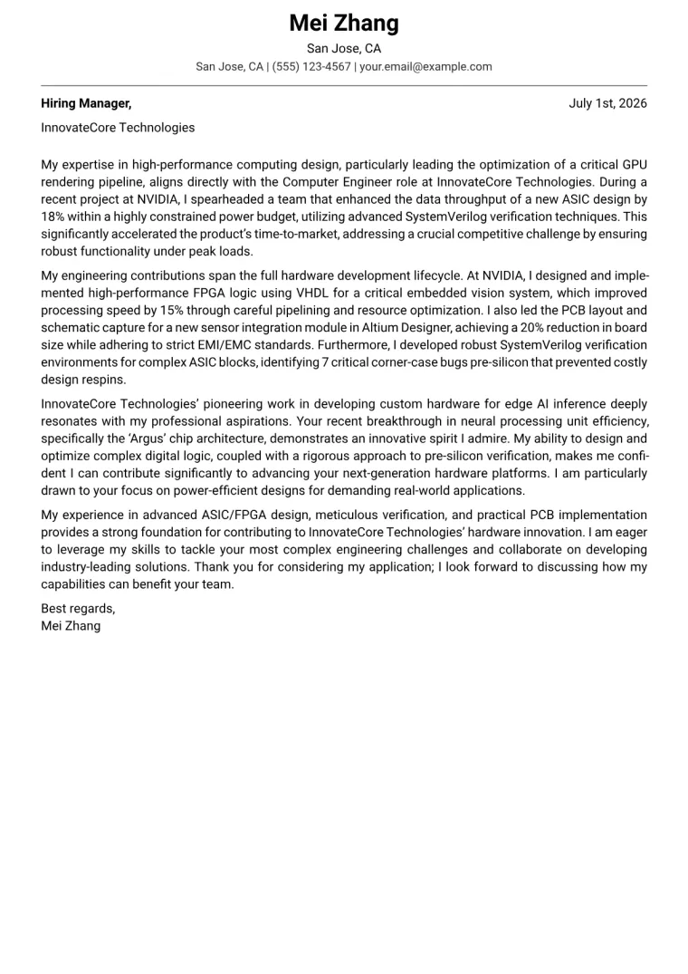 Computer Engineer cover letter example