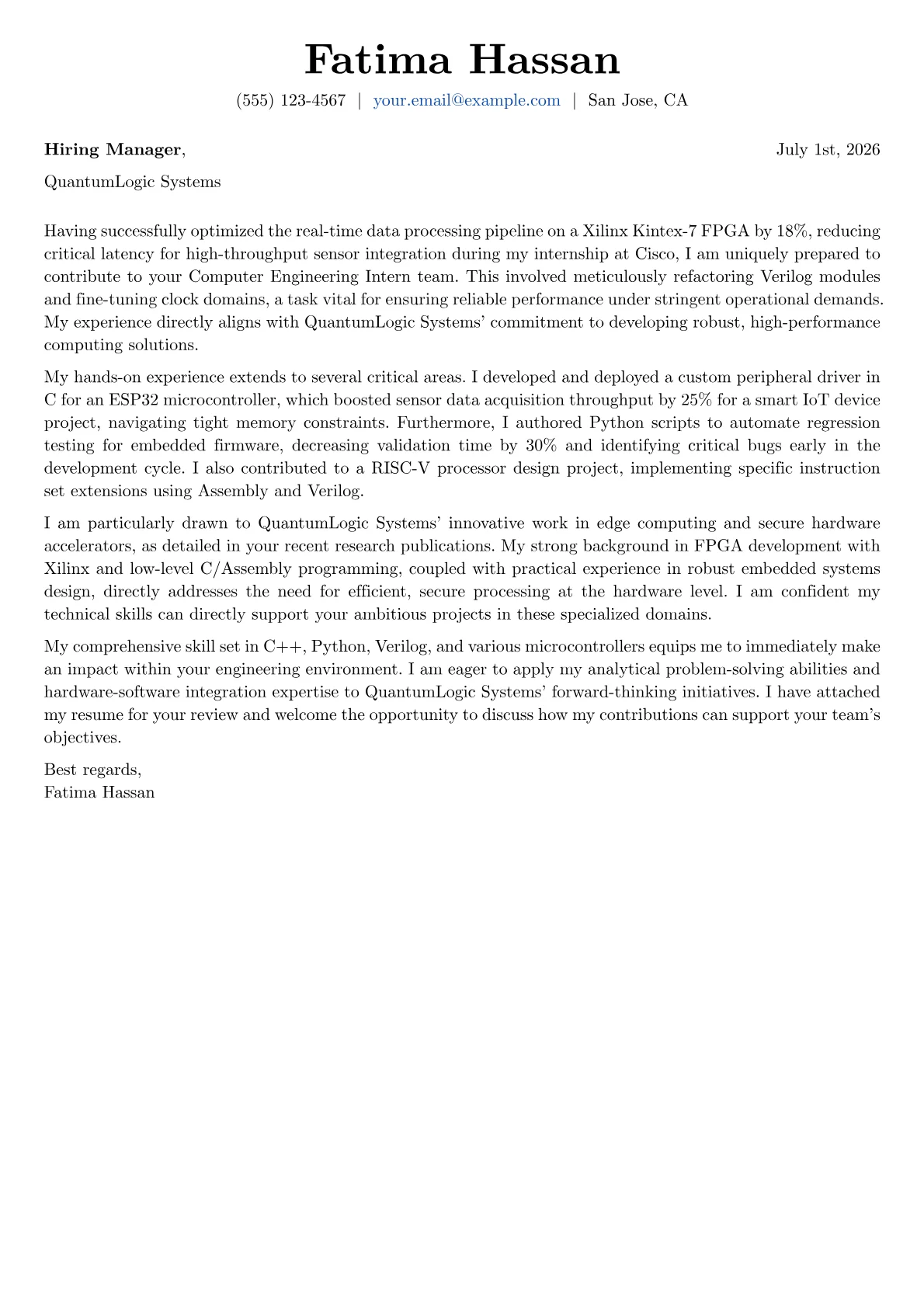 Computer Engineering Student cover letter formatted with a JobSprout template