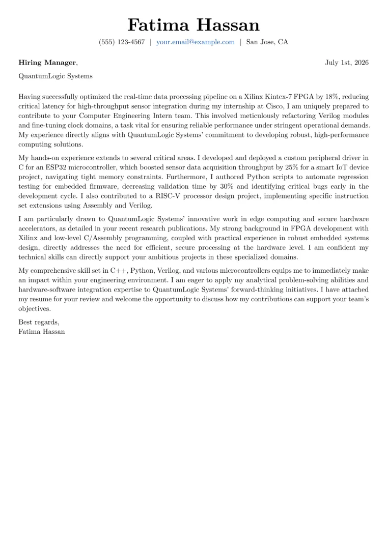 Computer Engineering Student cover letter example preview