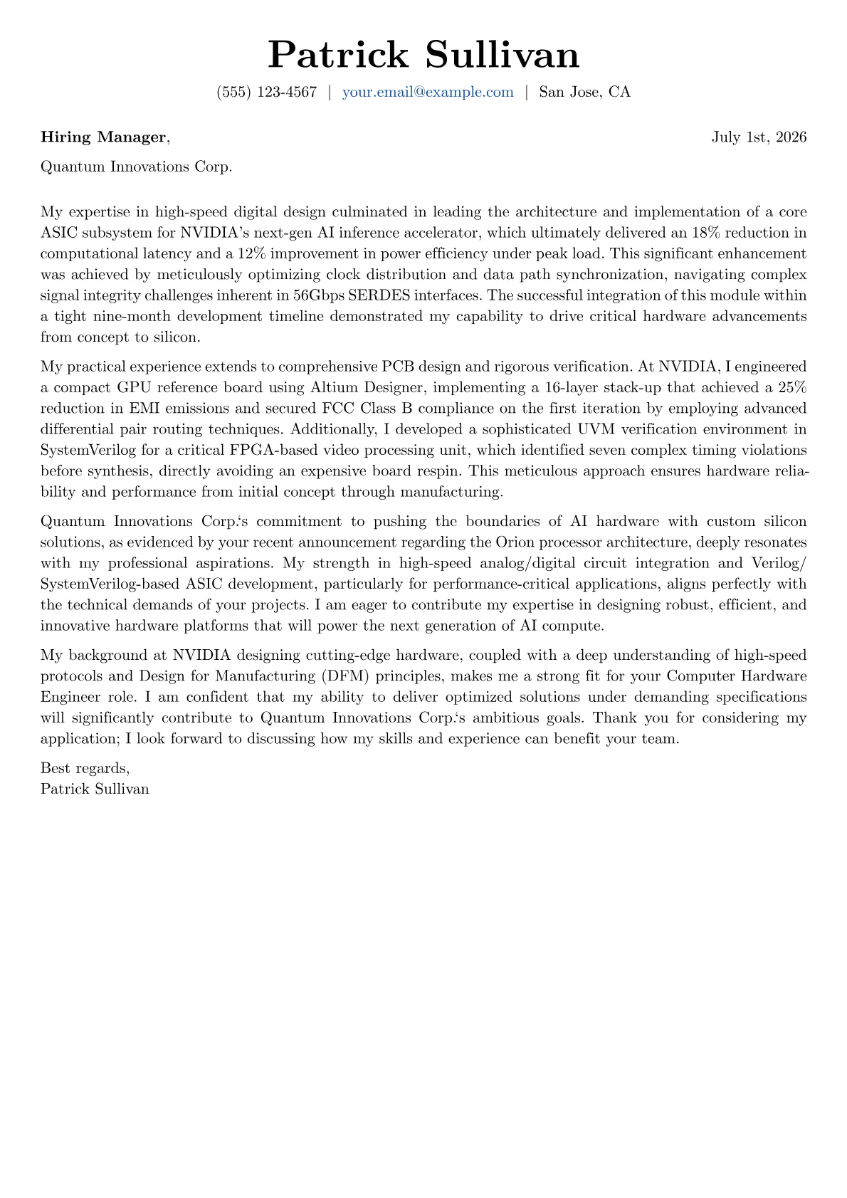 Computer Hardware Engineer cover letter formatted with a JobSprout template