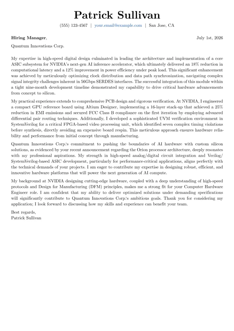 Computer Hardware Engineer cover letter example preview