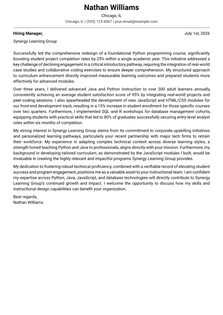 Computer Instructor Cover Letter Example