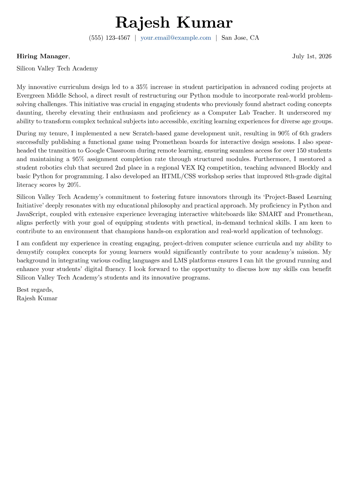 Computer Lab Teacher cover letter formatted with a JobSprout template