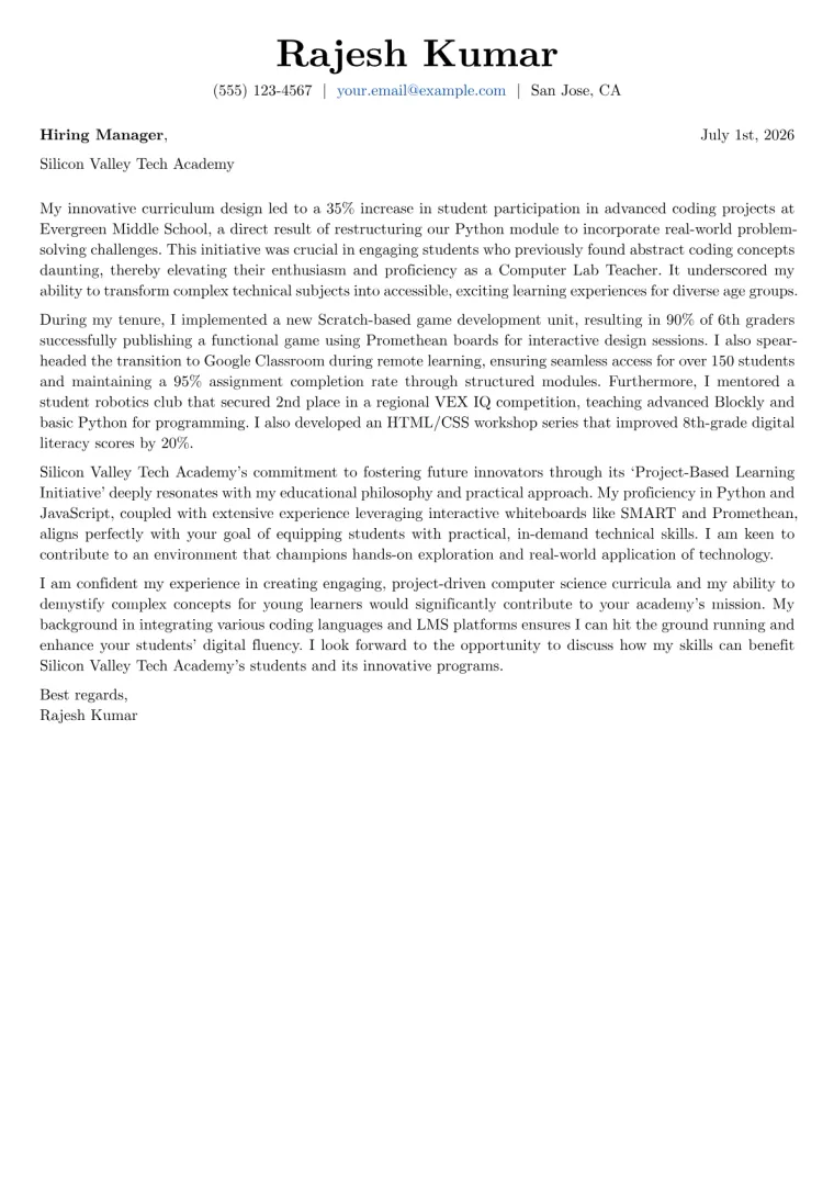 Computer Lab Teacher cover letter example preview