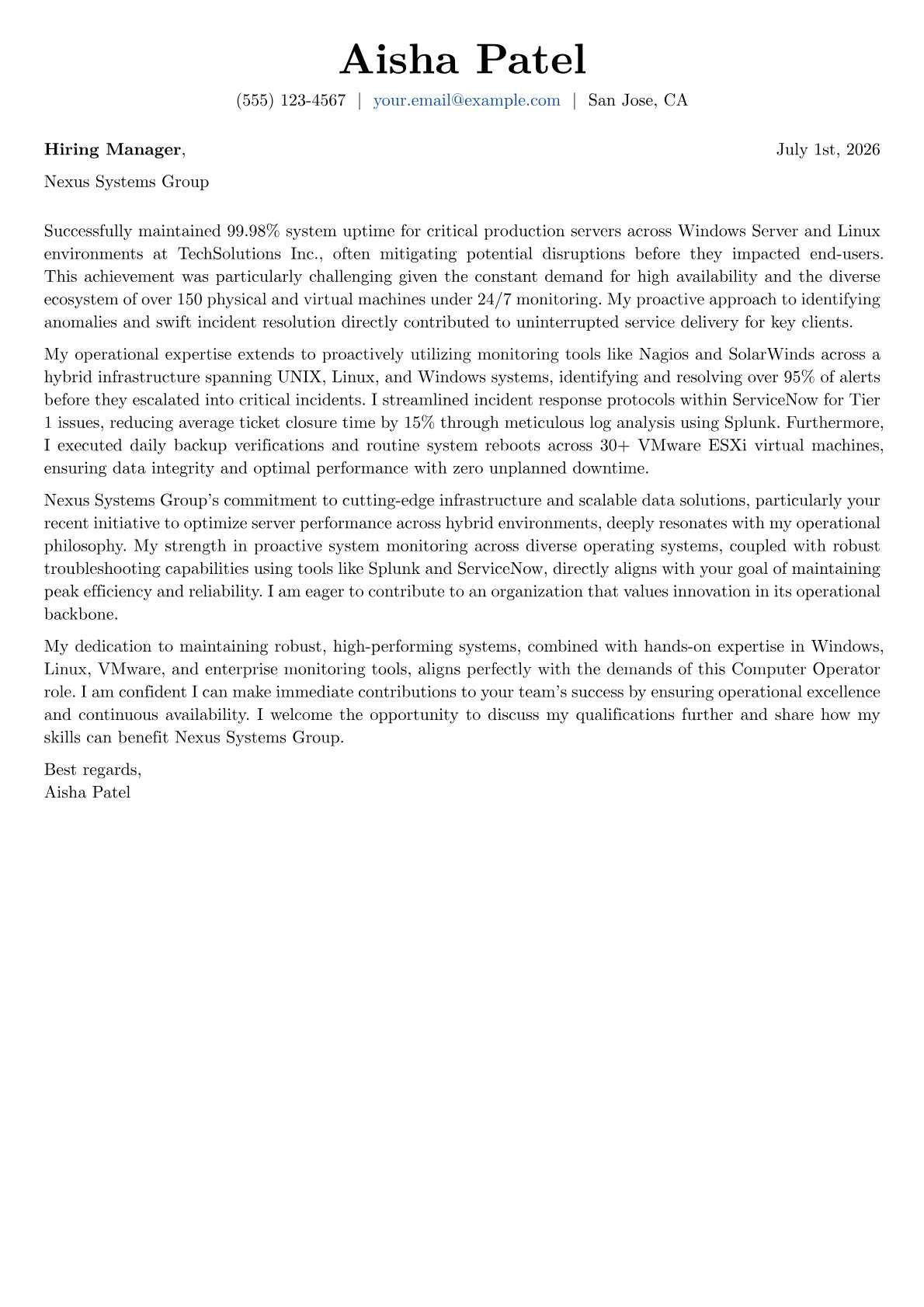 Computer Operator cover letter formatted with a JobSprout template