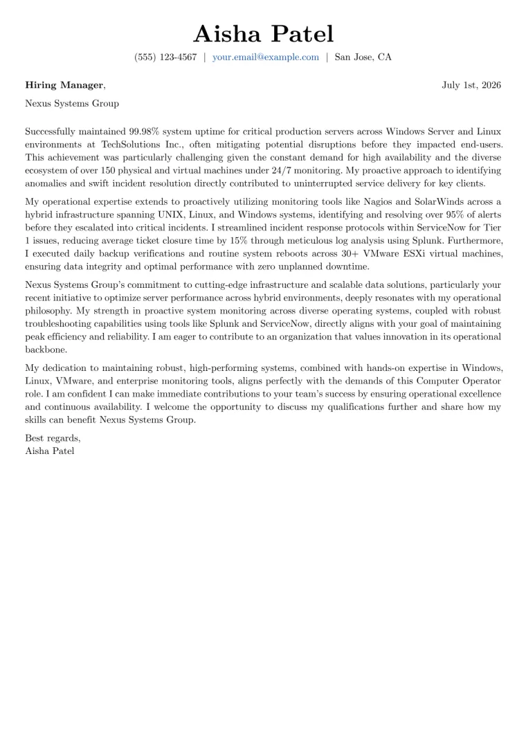 Computer Operator Cover Letter Example