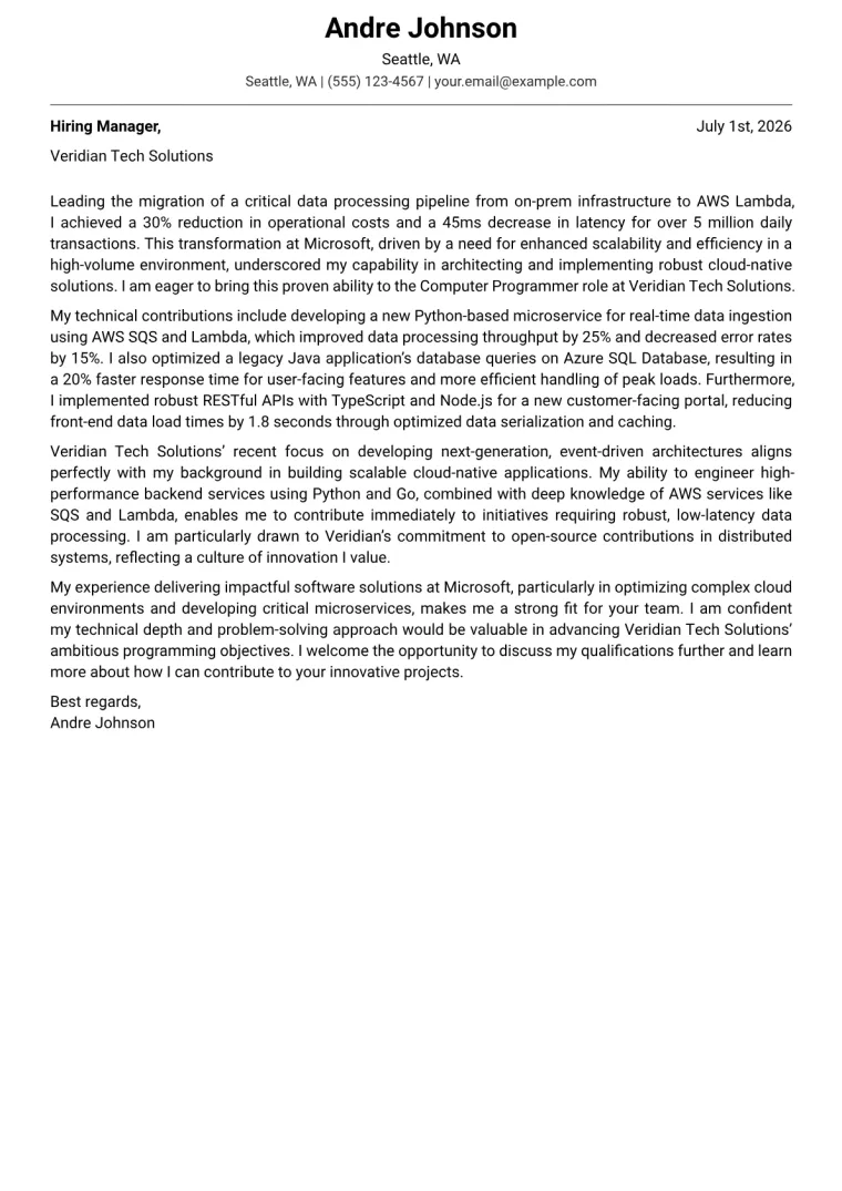 Computer Programmer Cover Letter Example